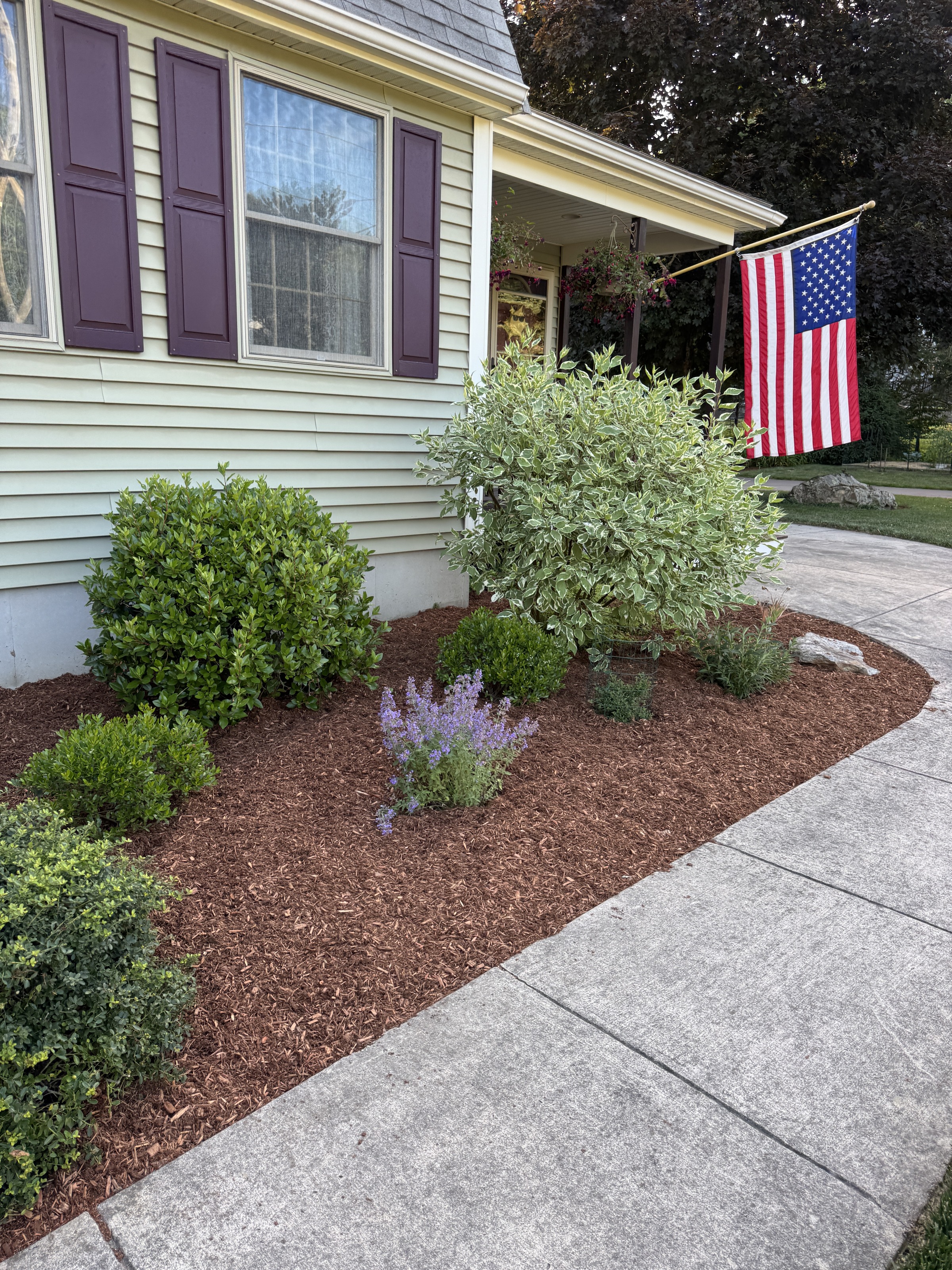 Fresh mulch, shrubs, and garden-bed edges alongside a home